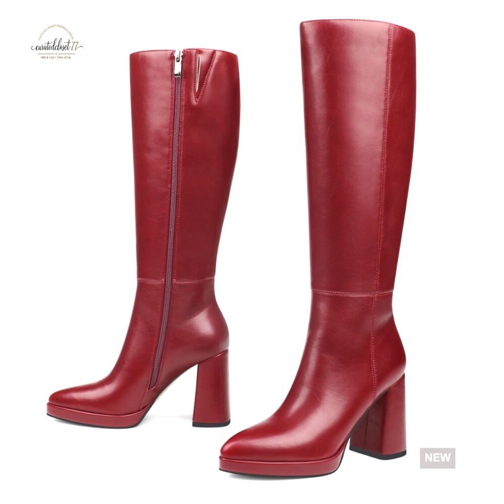 Knee High Boots Pointed Toe Chunky Heel Zipper Dress Boots Faux Leather